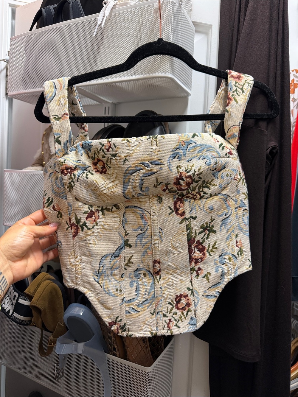 Maniere De Voir Floral Tapestry Corset Crop Top - Cream, Blue, Burgundy